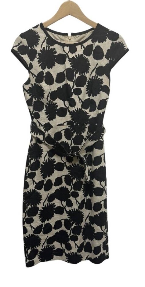Hobbs Cap Sleeve Belted A-line Dress In Black/cream Size: 8