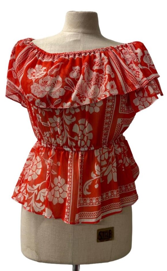 River Island Floral Frill Bardot Top Red Size: 6