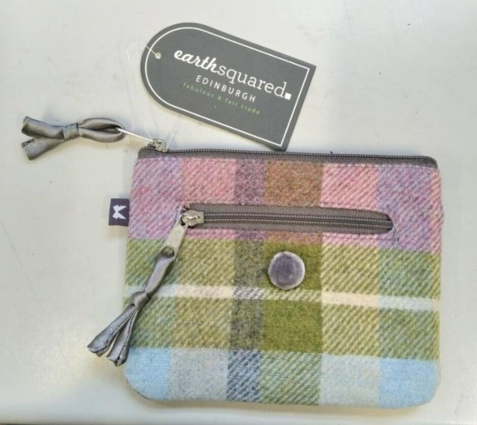 Earth Squared Edinburgh Check Fabric & Corduroy Fabric Double Zip Purse 14x11cms Brand New Tags