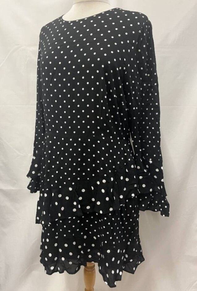 M&s Spot Ruffle Mini Skater Dress Black/white Size: 14