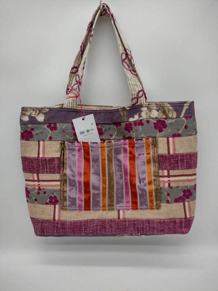 Oxfam X Loom Tote Bag Exclusive Upcycled Collection Pink - Purple Beige Stripy Velvet Bird Lining