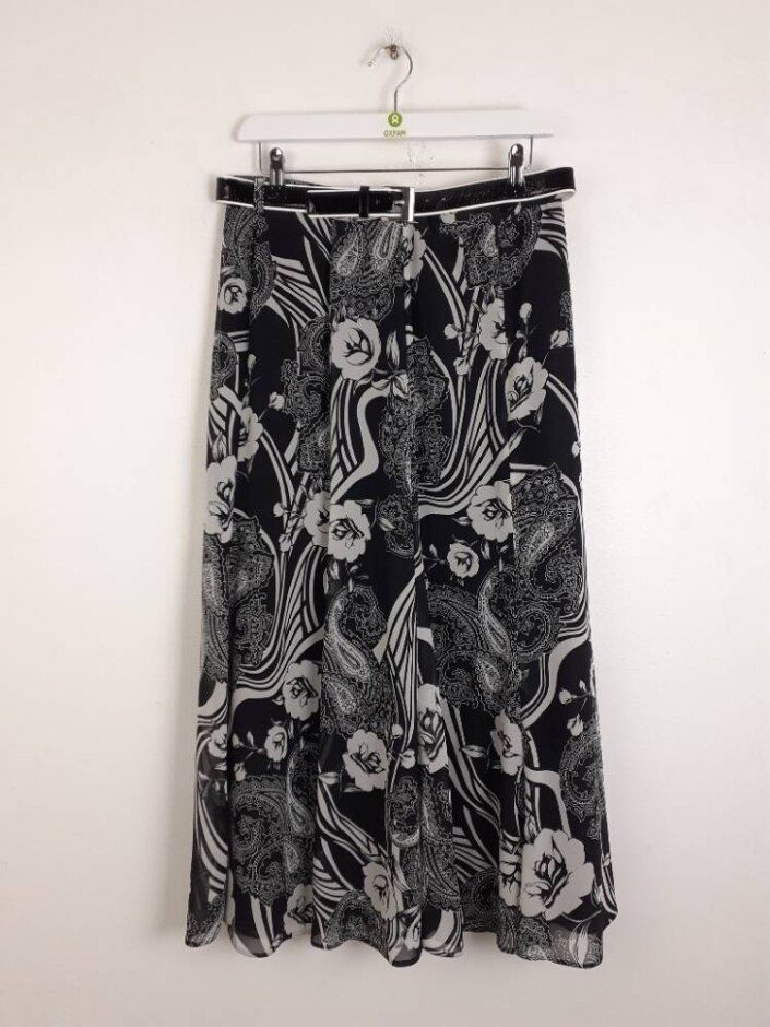 Lucia Floral Belted Skirt Black White Size: 14