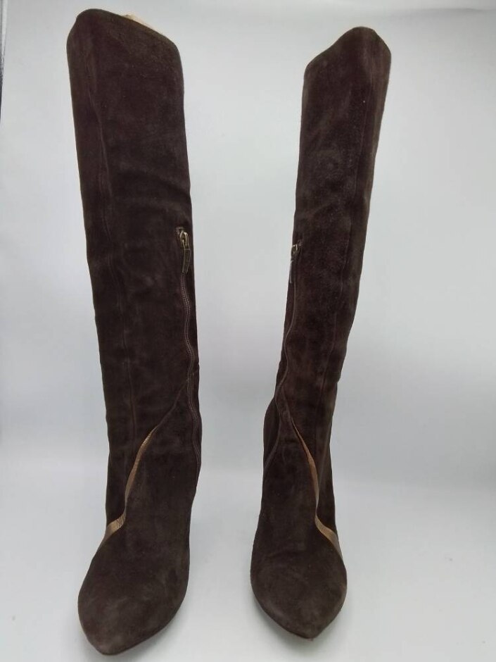 Vero Cuoio Dark Brown, Knee-high Boots, With A High Stiletto Heel And A Pointed Toe In Size 6