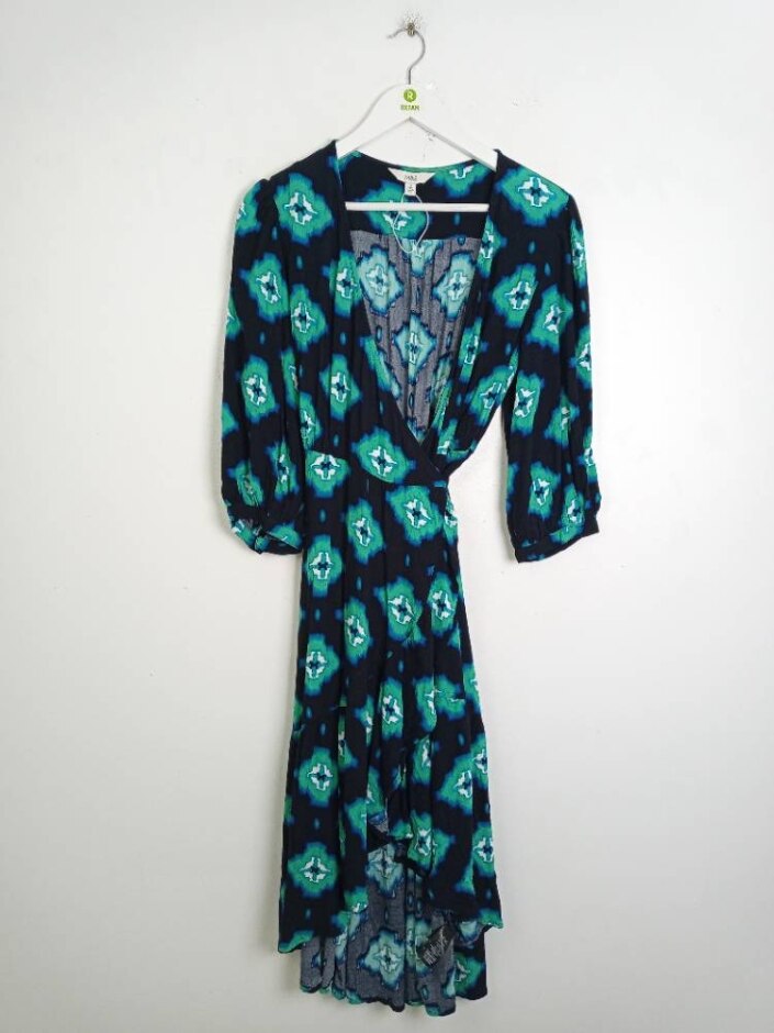 M&s Patterned Wrap Midi Dress Black Mix Size: 14