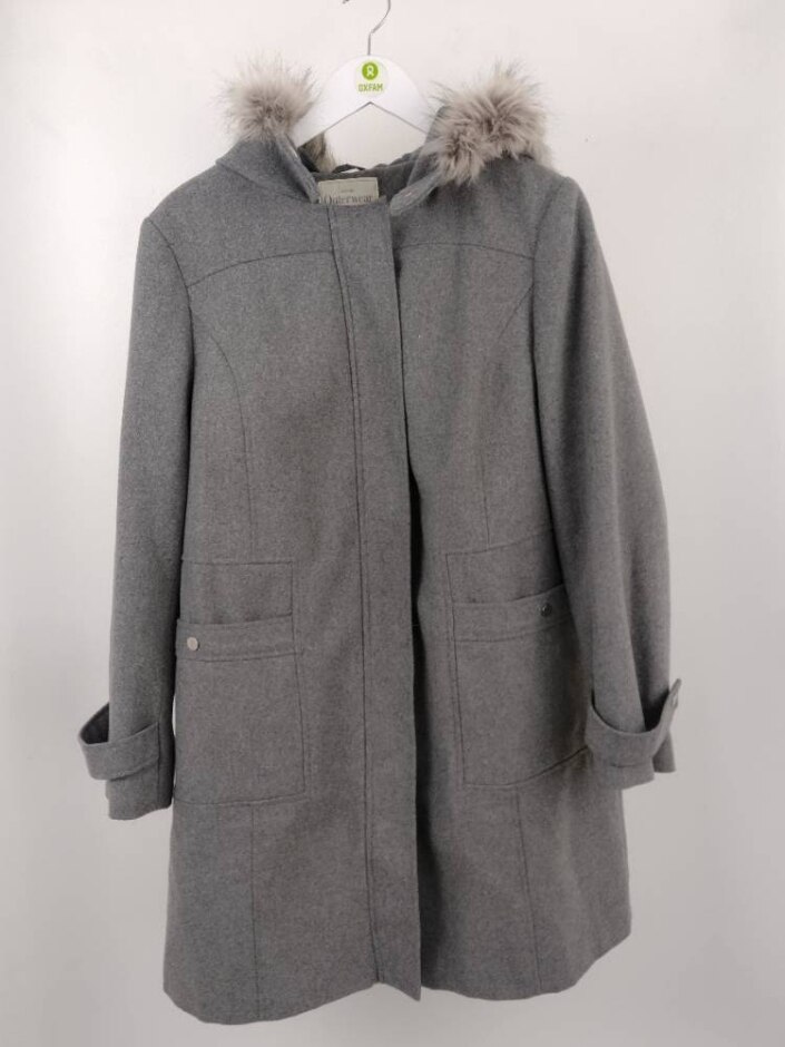 George Faux Fur Hood Long Zip Up Coat Grey Size: 18
