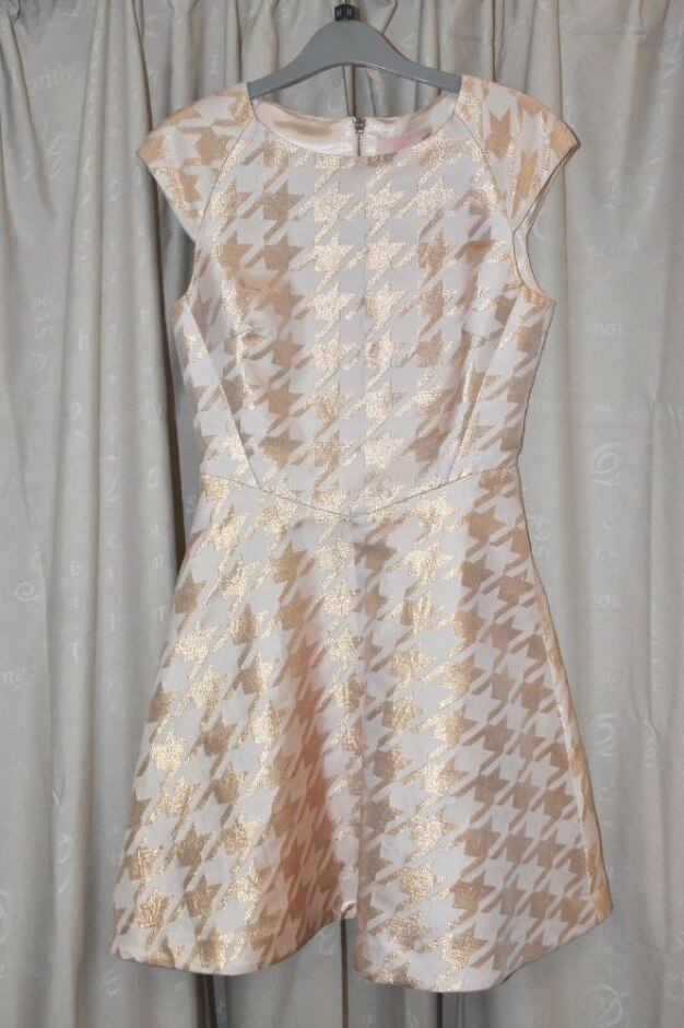 Ted Baker Houndstooth Skater Dress Gold/blush Pink Size: 8
