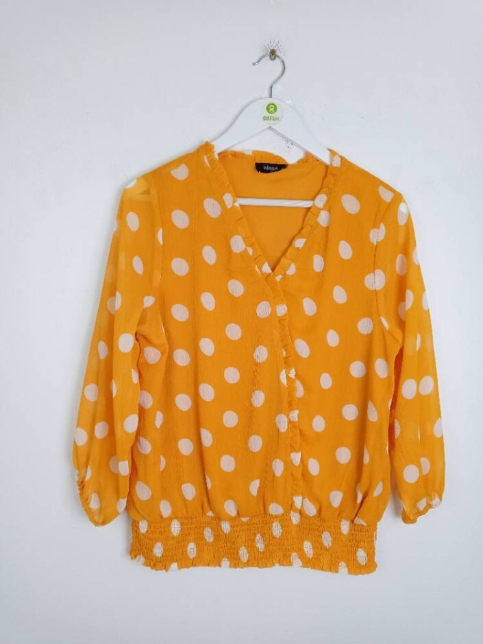 Klass New Women's Polka Dot Ruffle Front Top Yellow Size: 12