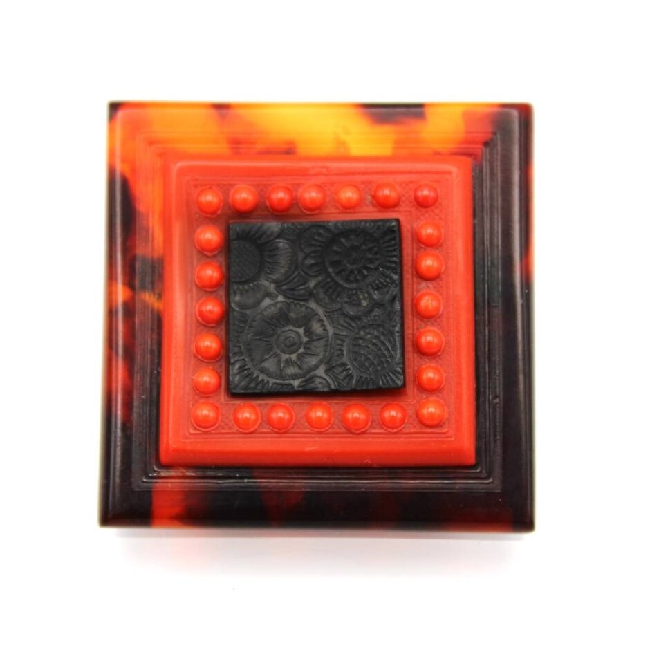 Vintage Early Plastic Art Deco Square Brooch / Pin With Coral Red Beads & Floral Centre Ca. 1930/50s