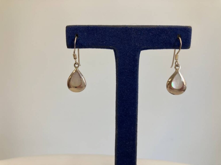 Sterling Silver Dropper Earrings With Teardrop Shape Mother Of Pearl Inset