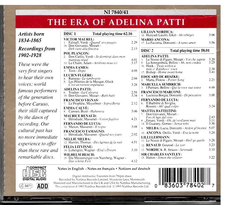 The Era Of Adelina Patti Various NI 7840/41 Oxfam Shop