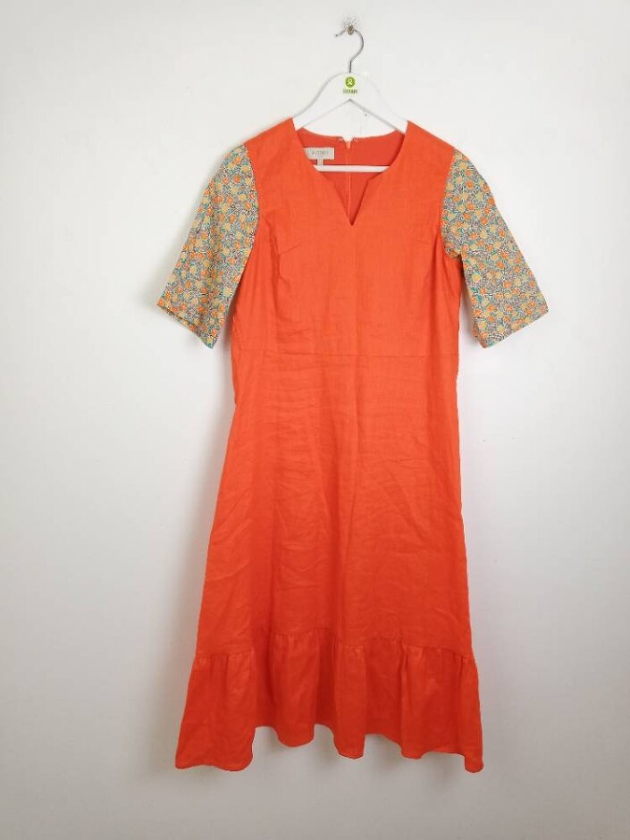 Hobbs 100%linen Women's Plain Split Neck Midi Dress Orange Size: 12