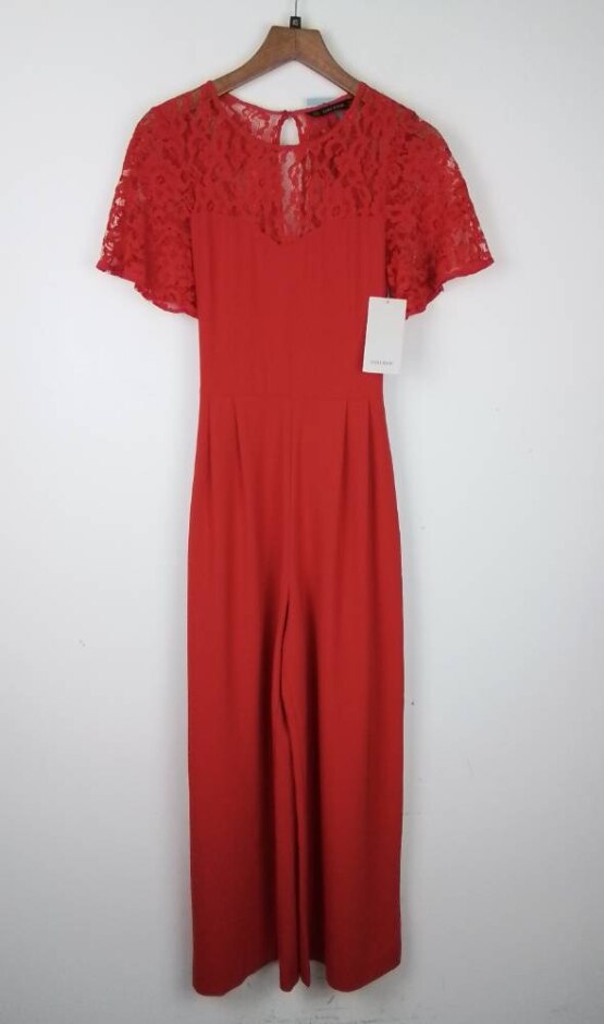Zara Lace Round Neck Jumpsuit With Bow Red Size: Xs