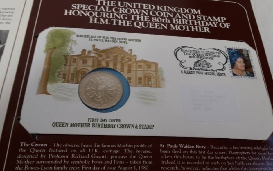 Hm The Queen Mother 1st Day Cover  4th August 1980  With  Silver Crown  5/- Piece