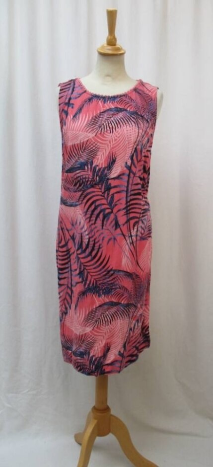 M&s Linen Mix Tropical Print Dress Pink Size: 14