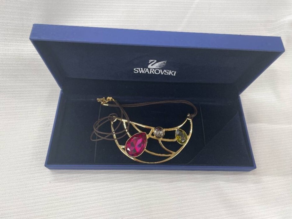 New Swarovski Swan Gold Tone Bib Statement Necklace - Pink, Amber And Clear Stones
