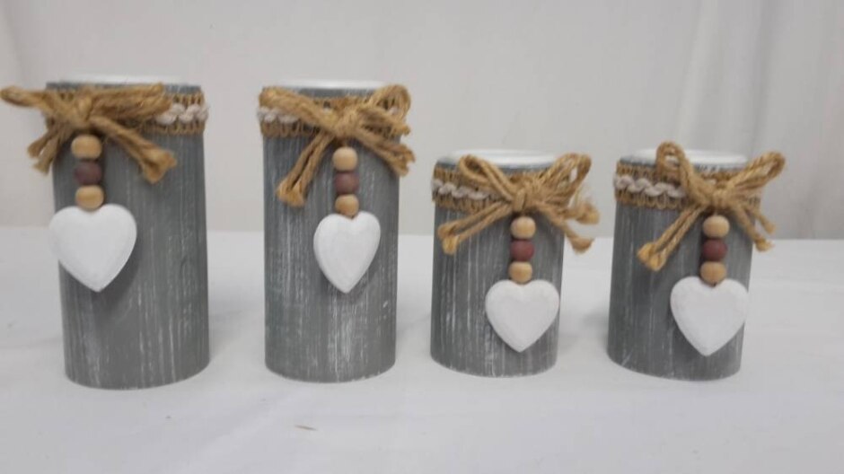 Set Of Four Tea Light Bases  With Rustic Decoration And Hearts