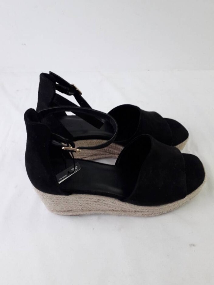 M&s Nwot Women's Wide Fit Ankle Strap Wedge Espadrilles Black Size: Uk 5.5
