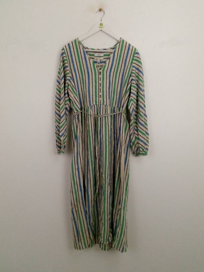 M&s  Linen Midi Striped Dress Green Mix Size: 18
