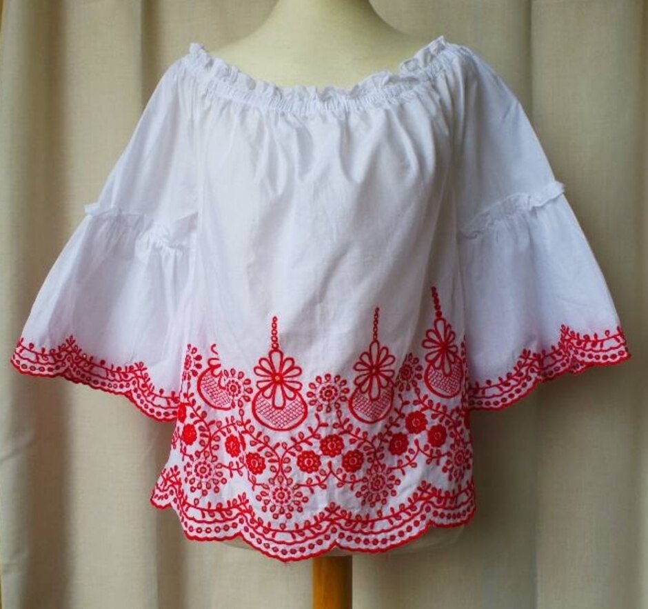 Papaya Broderie Anglaise Bardot Top White & Red Size: 14