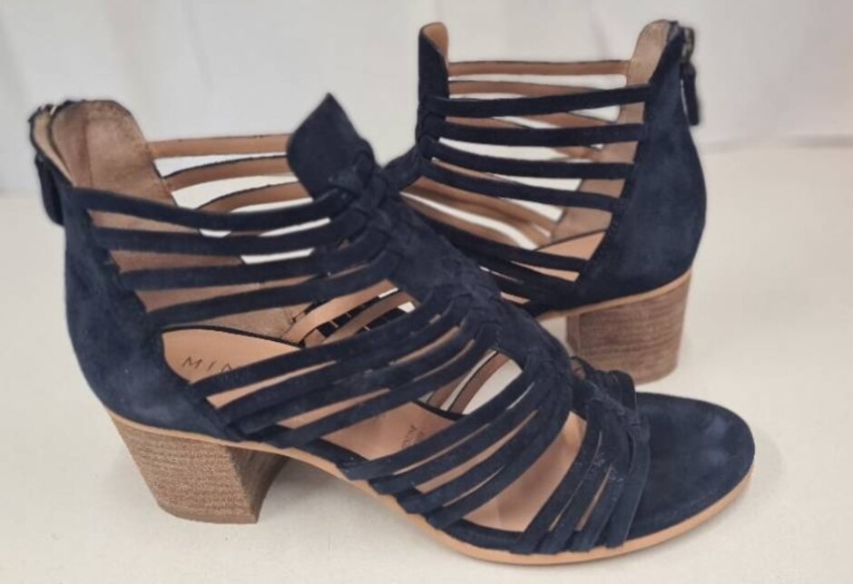 Mint Velvet Romy Metallic Navy Block Heel Sandals, Size 5