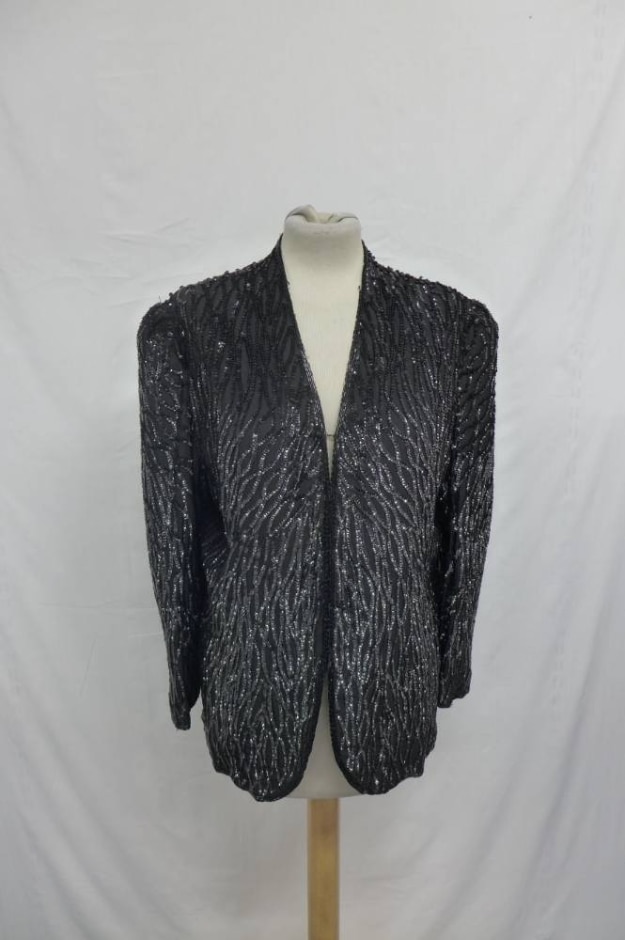 Frank Usher Vintage Silk Sequin Party Top Onyx Black Size: M