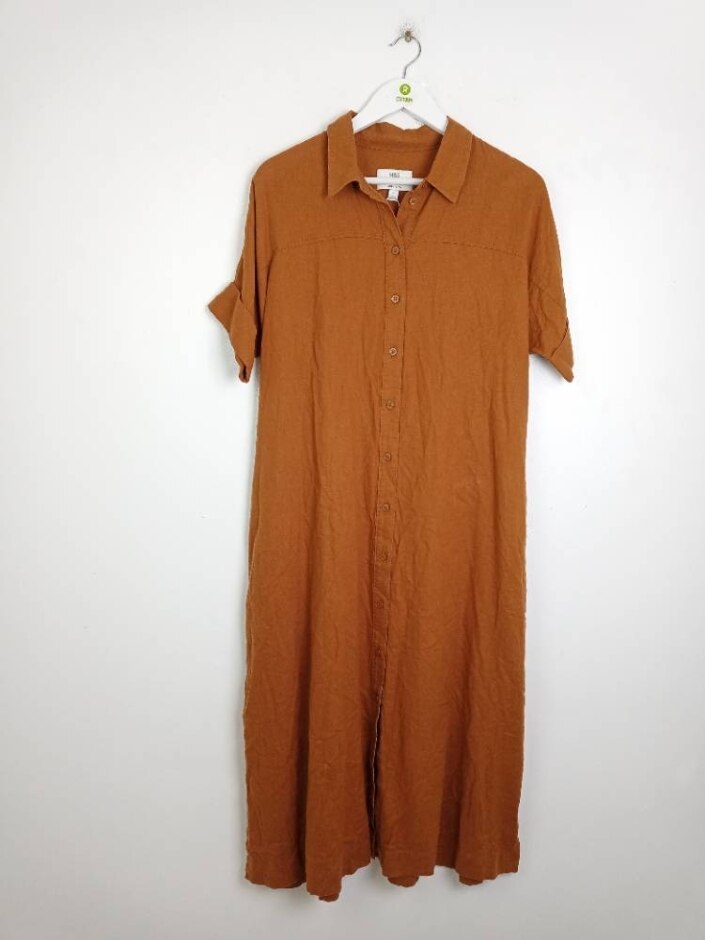 M&s Marks & Spencer Short Sleeve Shirt Midi Dress Brown Size: M