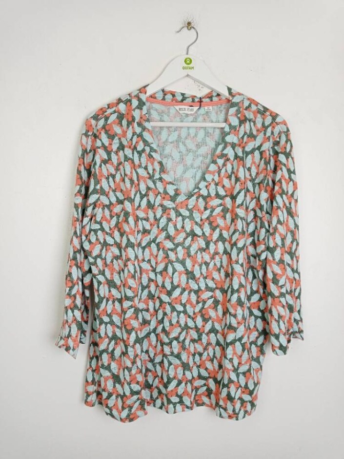 White Stuff V-neck 3/4 Sleeve Top Blue Orange Size: 18