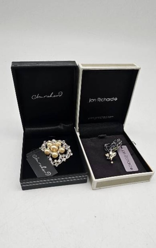 Jon Richard Two Brooches Pearl Rhinestone In Original Box