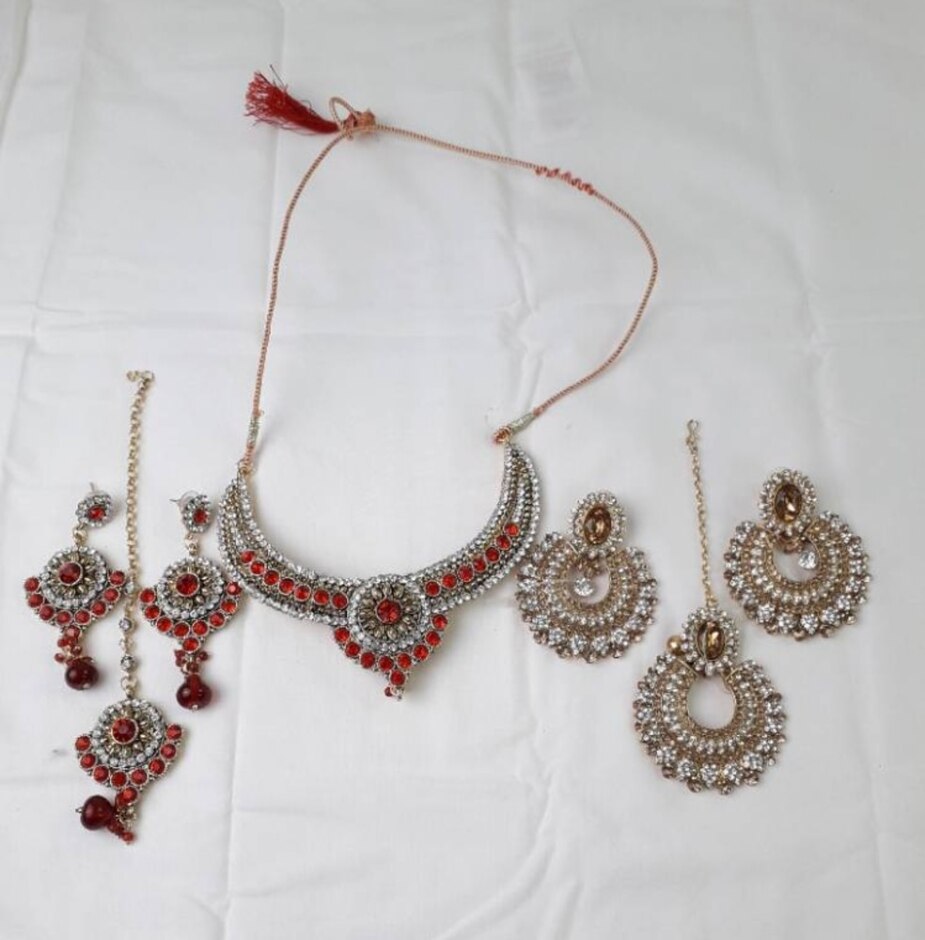 Costume Jewellery Asian Style Red Gold Tone Earrings Necklace