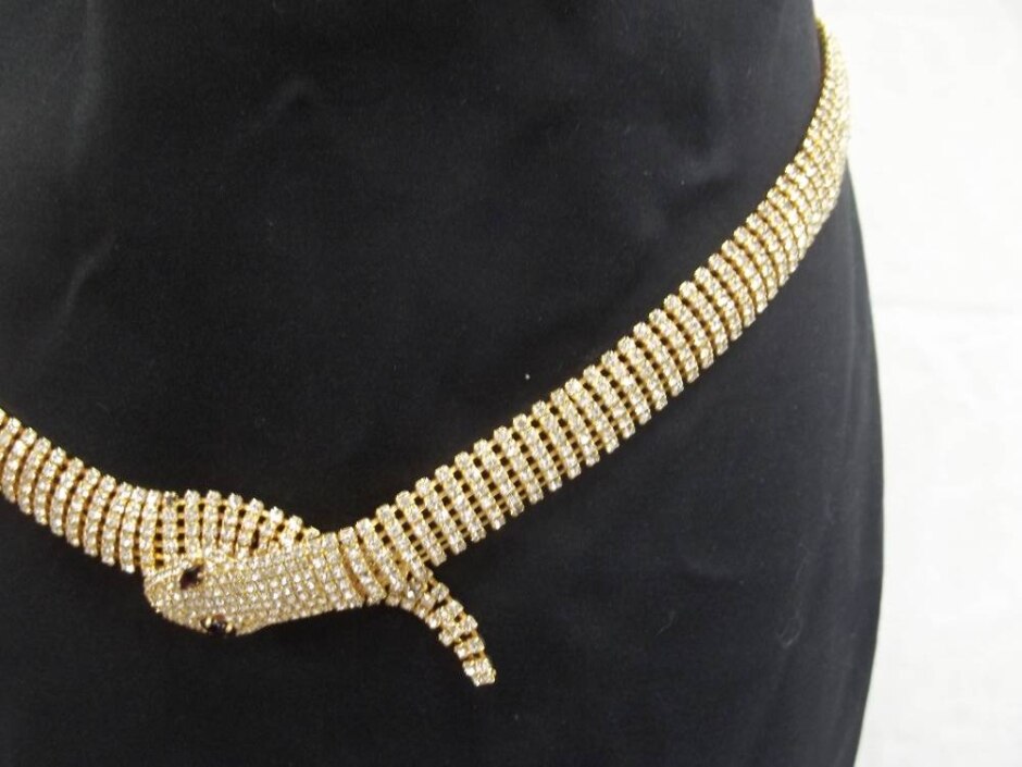 Dolce & Gabbana Vintage Strass Crystal Gold Red Eye Snake Chain Belt Necklace