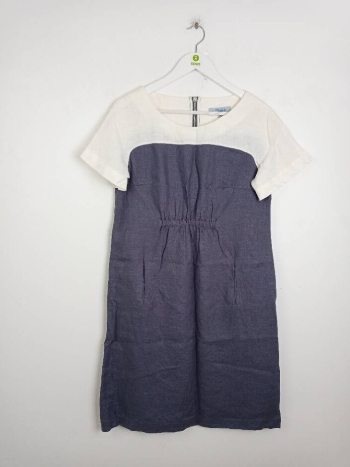 Betty Jackson Linen Short Sleeve Dress Grey White Size: 10