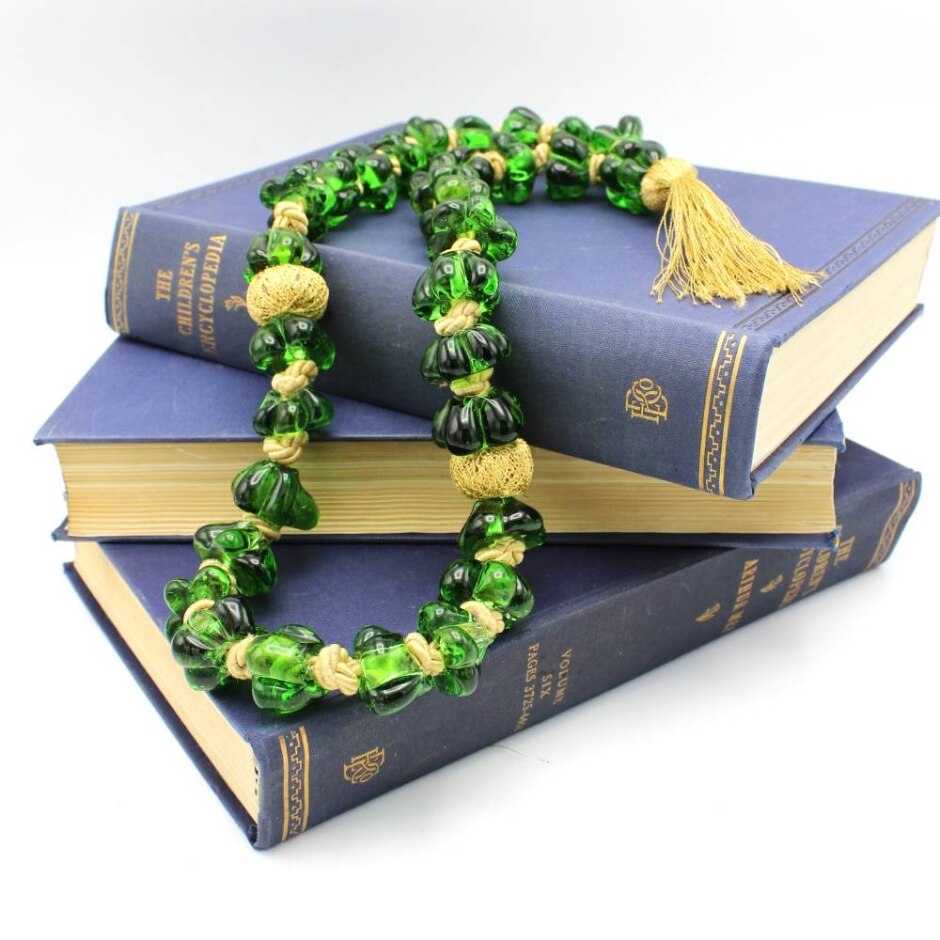Vintage Artisanal Emerald Green Jumbo Glass Beads /komboloi, Tasbih, Prayer / Art Deco Boho Necklace