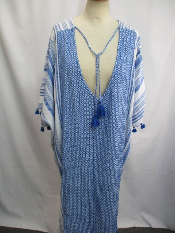 Wrap Kaftan Beach Coverup Dress Blue & White Size: L
