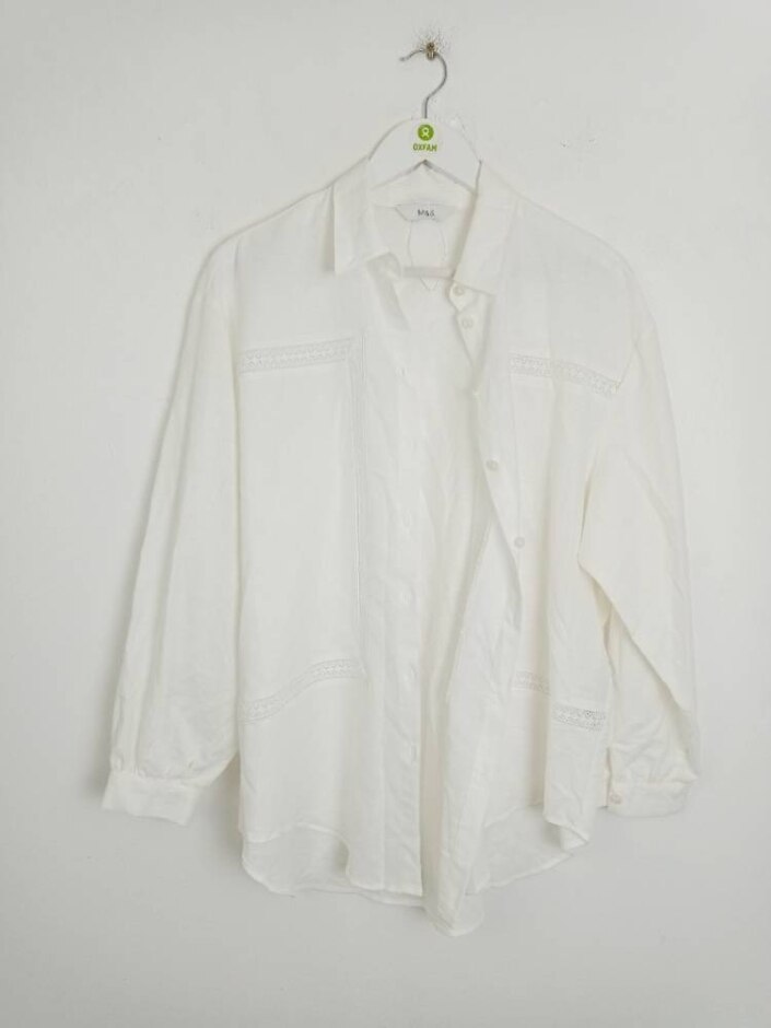 M&s Linen Long Sleeve Blouse White Size: 16