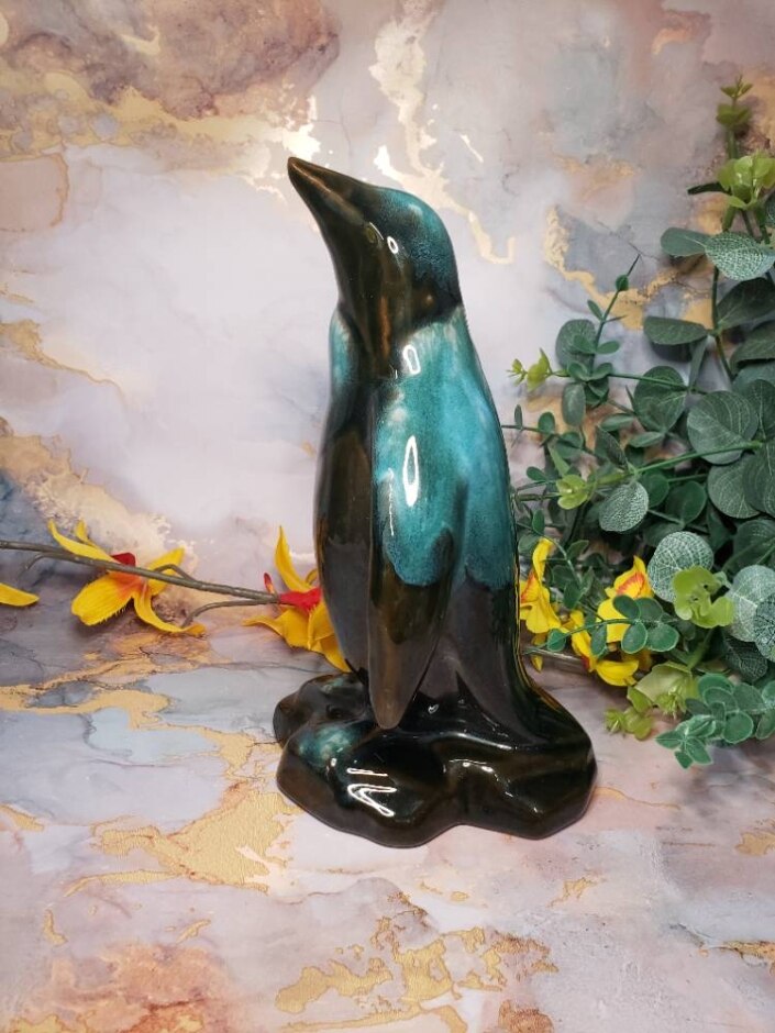 Blue Mountain Pottery Blue Penguin Figurine Clay Glazed Art 8x4.75" Vintage Rare