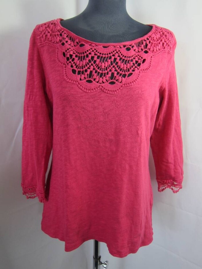 M&s Indigo Collection Crochet Trim 3/4 Sleeve Top Cerise Pink Size: 12