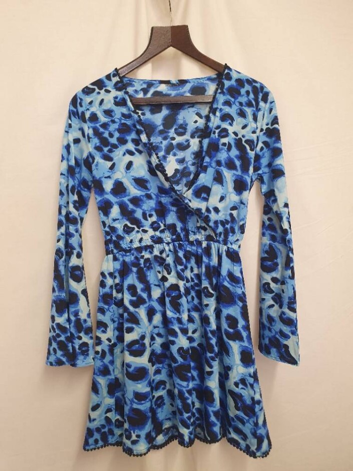 South Beach Leopard Print Wrap Beach Dress Blue & Black Size: S