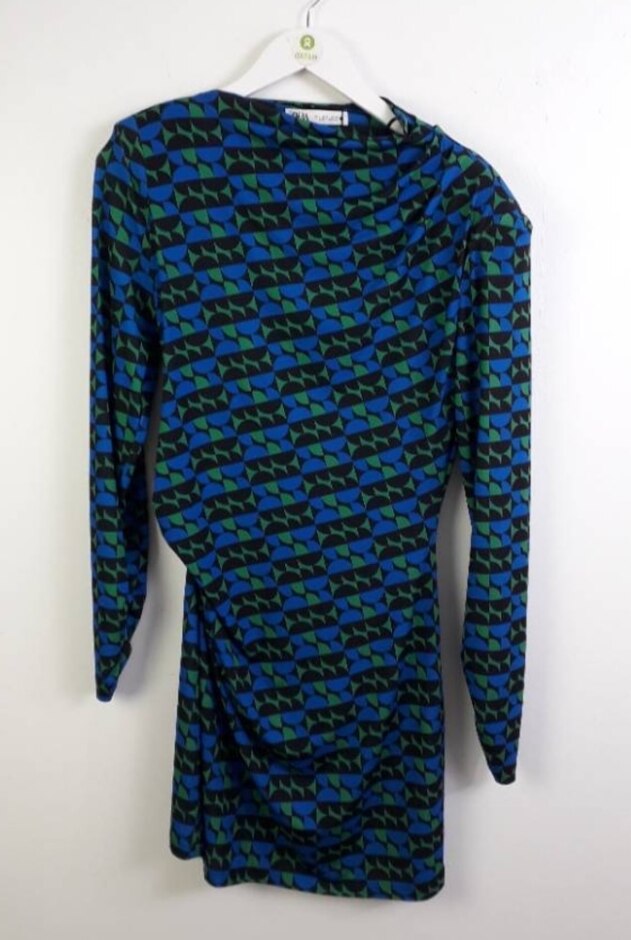 Zara Geometric Print Ruched Dress Blue & Black Size: M