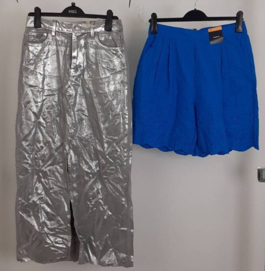M&s Women's 2xbundle Denim Maxi Skirt/broderie Shorts New Silver/blue Size: 10