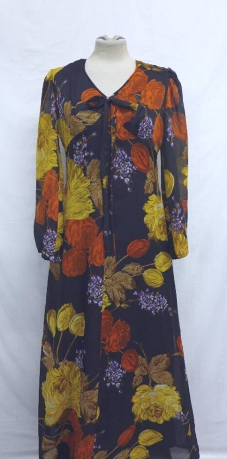 70's Vintage Autumnal Flora Maxi Dress Brown & Orange Size: 4