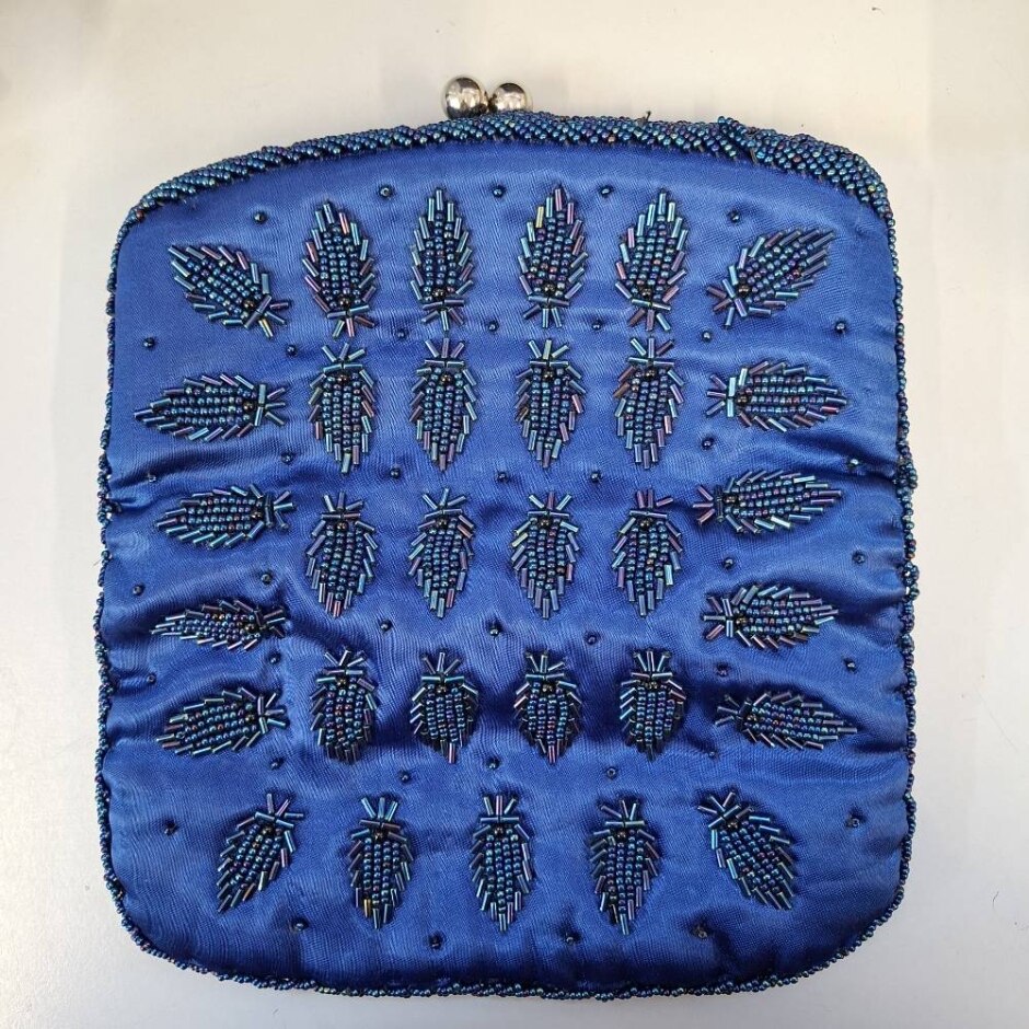 Blue Satin Bead Embroidered Evening Clutch Bag H21cm W19cm New No Tags