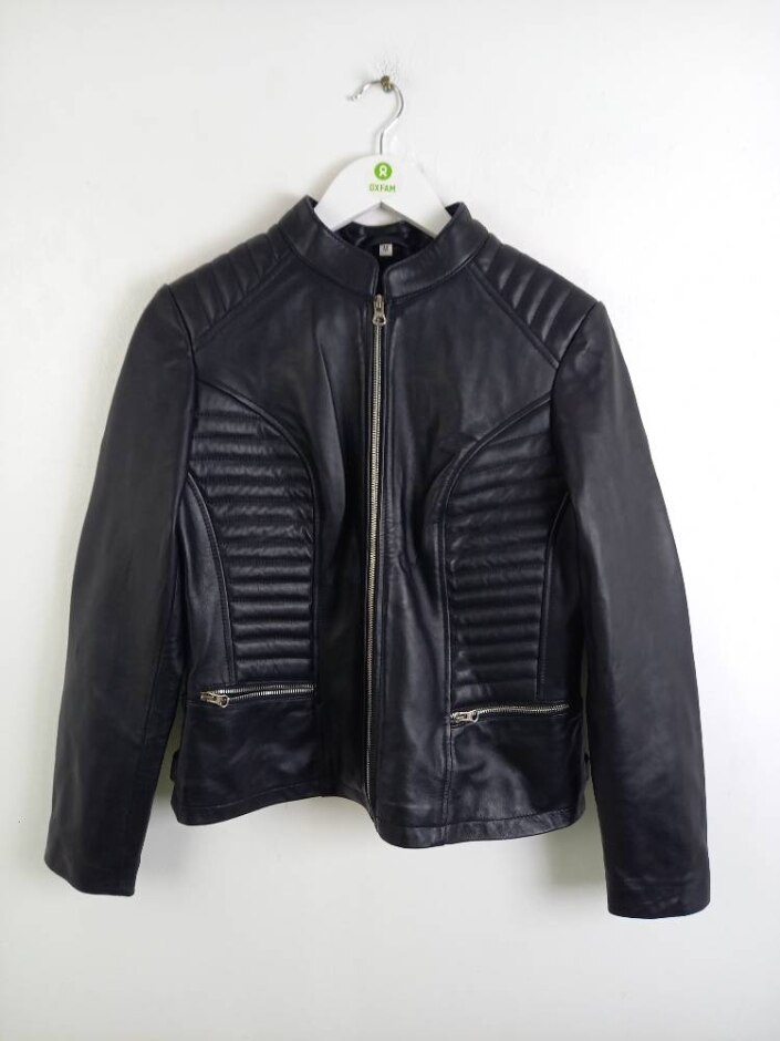 Real Leather Women's Lined Padded Jacket Black Size: S