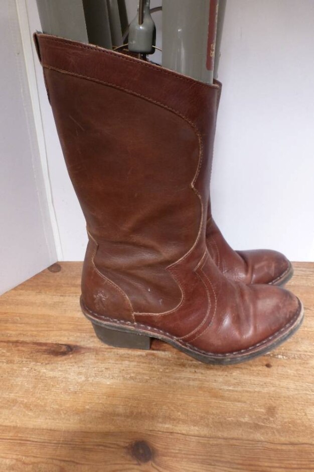 Fly London Chestnut Leather Calf Length Western Style Boots Size 5