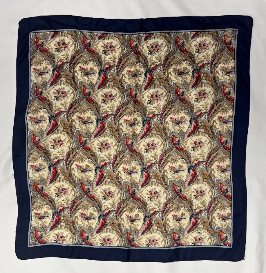 Navy Patterned Silk-like Scarf With Bird Detailing