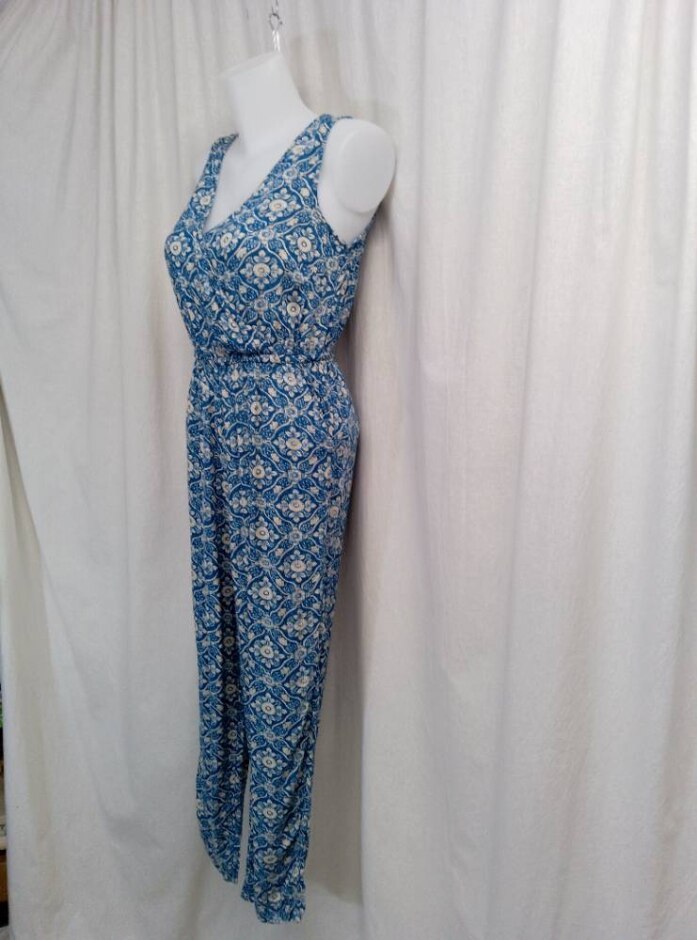 Fat Face Summer Jumpsuit Blue/cream Mix Size: 10