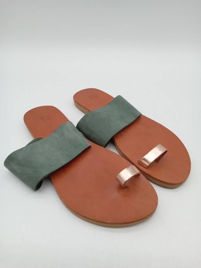 Sandalia Sti Stoa Flat Leather Wide Strap And Toe Strap Sandals Green Mix Size 7