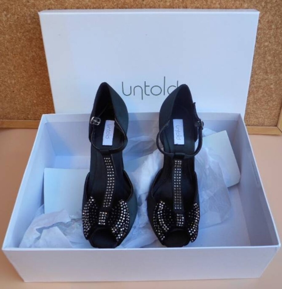 Brand New Boxed Untold Black Satin Strappy Heels With Diamante Bow Detail, Size Eur 36/uk 3