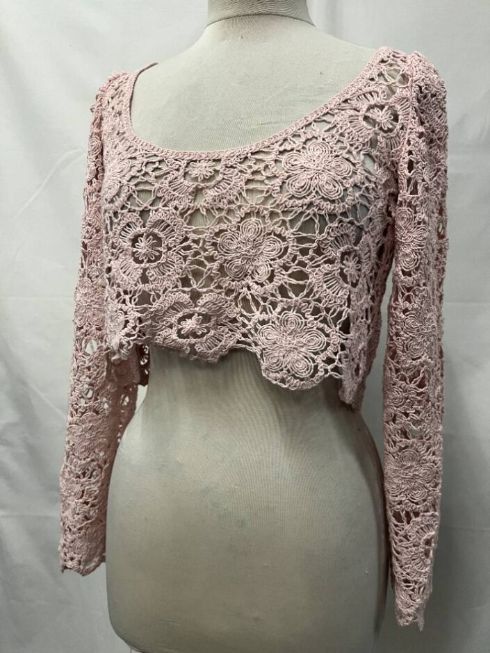 Zara Long Sleeve Crochet Crop Top Pale Pink Size: M