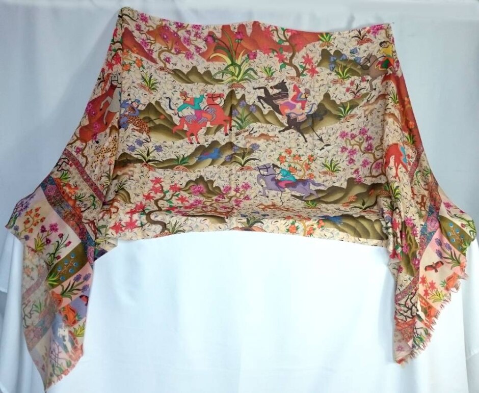 Fine Indian Shawl with Persian Hunting Scene Print Oxfam Shop