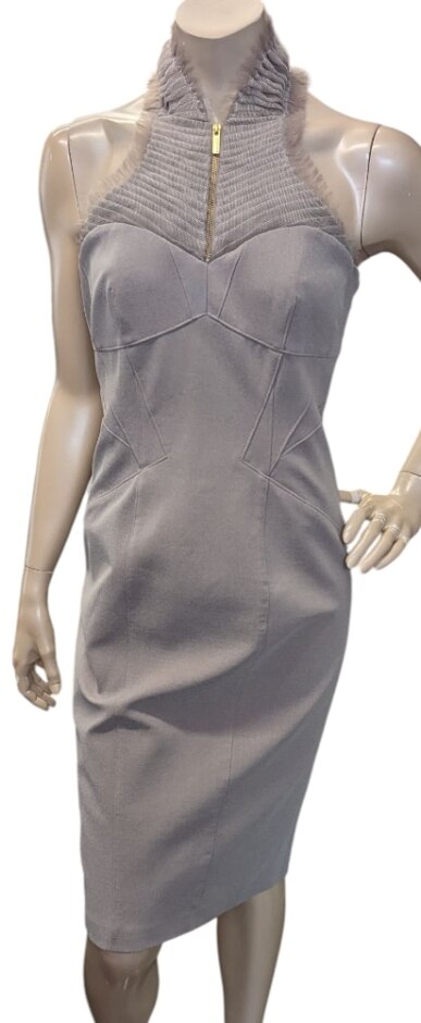 Karen Millen High Ruffle Necked Sheath Dress Warm Beige Size: 12